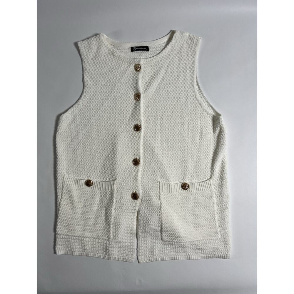 PrettyGarden White Knit Sweater Vest Cardigan Button Pockets Size S
